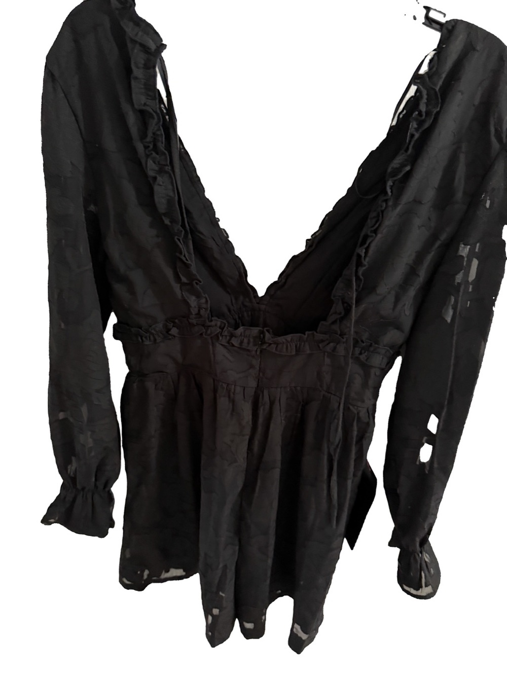 bebe Black Deep V-Ruffle Long Sleeve Romper